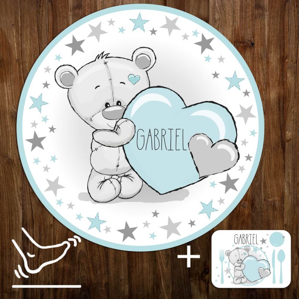 Lekmatta – teddybjörnar i mentolfärg med stjärnor och ett namn