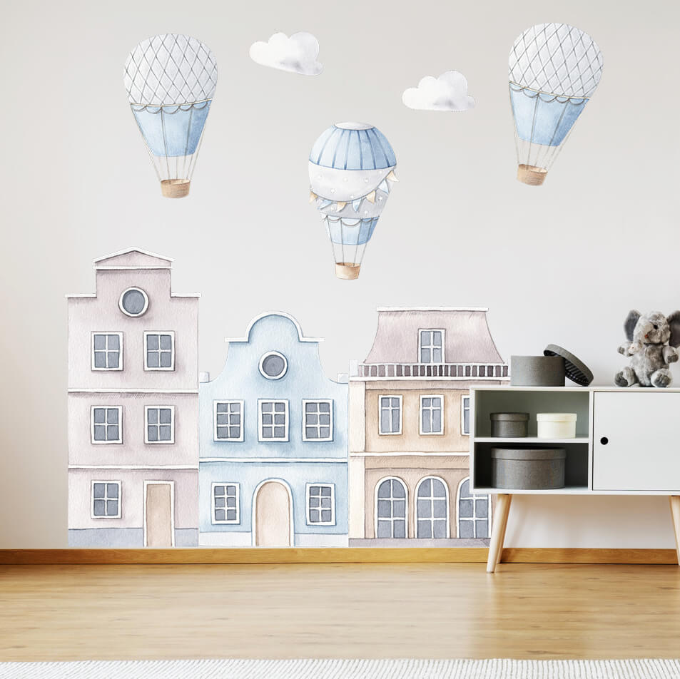 Blå hus med varmluftsballonger för barnrummet