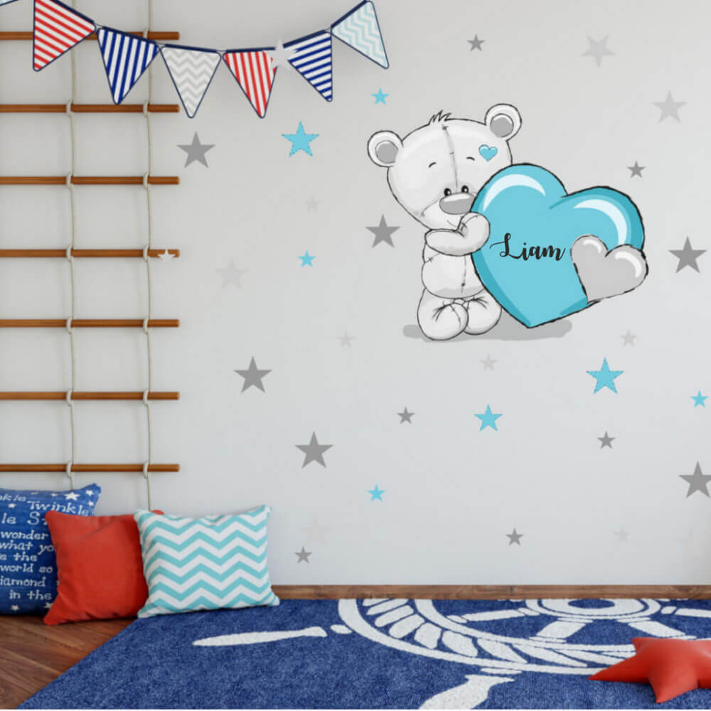 Väggklistermärken för barn, blå teddybjörn med stjärnor och ett namn